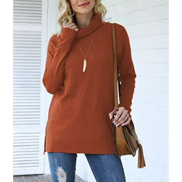 HWOKEFEIYU Women's Turtleneck Sweater Pullover Lightweight Side Split Long Sleeve Sweaters (Orange,Small)