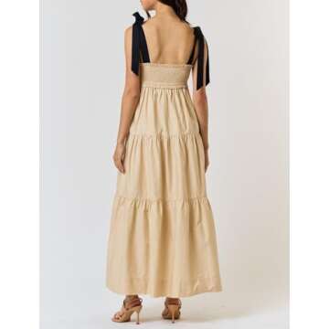 Women Summer Boho Tie Shoulder Dress Y2k Floral Smocked Flowy Long Dress Ruffle Tiered Beach Vocatio...