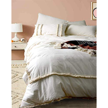 Flber Ivory Duvet Cover Tufted Boho Bedding Comforter Queen Size, 86in x90in
