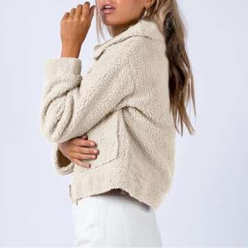 Flygo Women's Cropped Zip Up Lapel Shaggy Fleece Teddy Bear Jacket Coat (Beige-M)