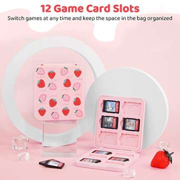 RHOTALL Pink Travel Bag for Nintendo Switch/Lite/OLED,Large Capacity Portable Carrying Case Compatible for Chest Shoulder Accessories Storage Backpack with12 Slots Game Case,Thumb Grip Caps-Strawberry
