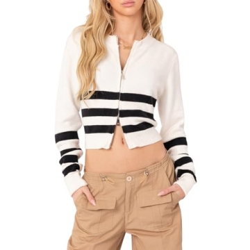 Yuemengxuan Women's Ribbed Knit Y2K Tops Zipper Hollow Out Cropped Top V-Neck Striped Sweater Long S...
