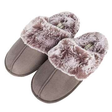 Jessica Simpson Women's Comfy Faux Fur House Slipper Scuff Memory Foam Slip on Anti-Skid Sole, Grey,...