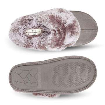 Jessica Simpson Women's Comfy Faux Fur House Slipper Scuff Memory Foam Slip on Anti-Skid Sole, Grey, Large