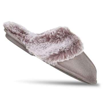 Jessica Simpson Women's Comfy Faux Fur House Slipper Scuff Memory Foam Slip on Anti-Skid Sole, Grey, Large