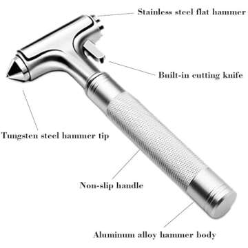 WONDER POINT Premium Car Glass Breaker with Seat Belt Cutter - Automotive Safety Hammer - Emergecy Escape Tool, Car Autoaccessory Metal Window Hammer, Vehicle Hard Aluminium Alloy Head Design(Silver)