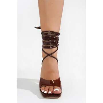 Cape Robbin Swag Women's Lace-up Heels for Women Sexy - Women Heels with Square Open Toe - Tie Up Clear Heels Heeled Sandals - Strappy Prom Shoes for Women -Brown Size 8
