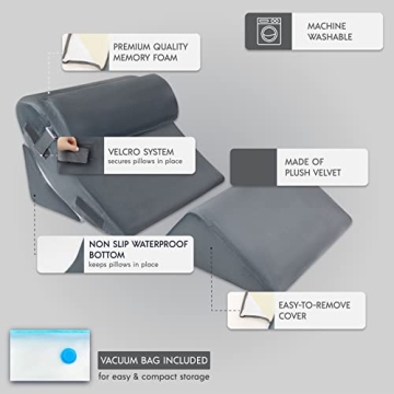4 Pcs Orthopedic Bed Wedge Pillow Set – Post Surgery, Relaxing, Back & Adjustable Head Support Cushion – Triangle Memory Foam Pillow for Acid Reflux, Sleeping, Reading, Leg Elevation, Snoring (GREY)