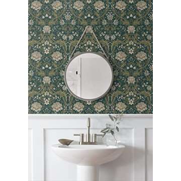 NextWall Honeysuckle Trail Floral Peel and Stick Wallpaper (Teal & Moss Green)