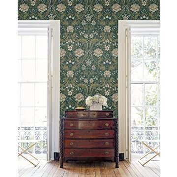NextWall Honeysuckle Trail Floral Peel and Stick Wallpaper (Teal & Moss Green)
