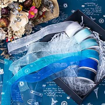 SOFIRE 6 Roll 1 Inch Wide Blue Organza Ribbon Christmas Ribbon Sheer Chiffon Ribbon for Gift Wrapping(Blue)