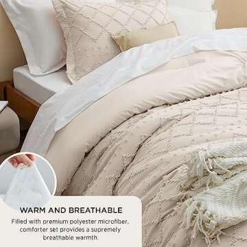 Bedsure Full Size Comforter Set - Beige Comforter, Boho Tufted Shabby Chic Bedding Comforter Set, 3 Pieces Vintage Farmhouse Bed Set for All Seasons, Fluffy Soft Bedding Set with 2 Pillow Shams