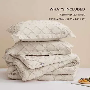 Bedsure Full Size Comforter Set - Beige Comforter, Boho Tufted Shabby Chic Bedding Comforter Set, 3 Pieces Vintage Farmhouse Bed Set for All Seasons, Fluffy Soft Bedding Set with 2 Pillow Shams