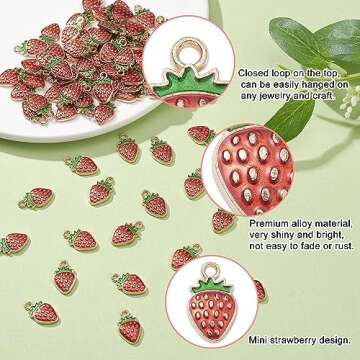 KitBeads 100pcs Enamel Strawberry Charms Alloy Kawaii Food Mini Fruit Chartms Vintage Titanium Red Strawberry Charms for Jewelry Making Bulk