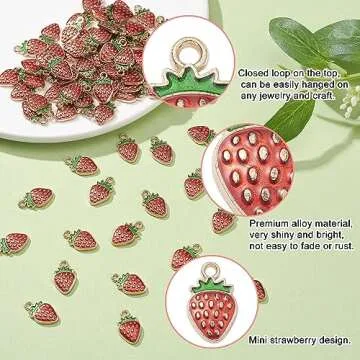 KitBeads 100pcs Enamel Strawberry Charms Alloy Kawaii Food Mini Fruit Chartms Vintage Titanium Red Strawberry Charms for Jewelry Making Bulk