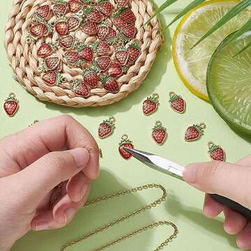 KitBeads 100pcs Enamel Strawberry Charms Alloy Kawaii Food Mini Fruit Chartms Vintage Titanium Red Strawberry Charms for Jewelry Making Bulk