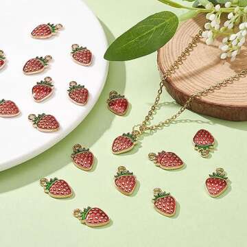 KitBeads 100pcs Enamel Strawberry Charms Alloy Kawaii Food Mini Fruit Chartms Vintage Titanium Red Strawberry Charms for Jewelry Making Bulk