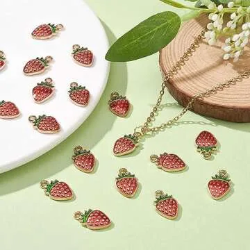 KitBeads 100pcs Enamel Strawberry Charms Alloy Kawaii Food Mini Fruit Chartms Vintage Titanium Red Strawberry Charms for Jewelry Making Bulk