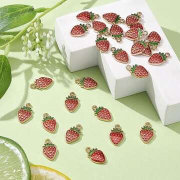 KitBeads 100pcs Enamel Strawberry Charms Alloy Kawaii Food Mini Fruit Chartms Vintage Titanium Red Strawberry Charms for Jewelry Making Bulk