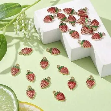 KitBeads 100pcs Enamel Strawberry Charms Alloy Kawaii Food Mini Fruit Chartms Vintage Titanium Red Strawberry Charms for Jewelry Making Bulk
