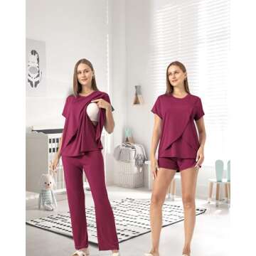 Rnxrbb 3 Piece Postpartum Nursing Pajamas Set Double Layer Maternity Breastfeeding Pjs Sleepwear for...