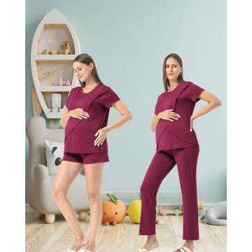 Rnxrbb 3 Piece Postpartum Nursing Pajamas Set Double Layer Maternity Breastfeeding Pjs Sleepwear for Women,Purple Red L