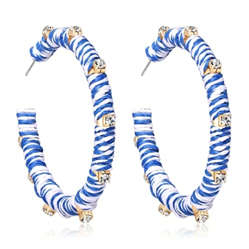 Rattan Earrings for Women Boho Statement Rhinestone Rattan Big Hoop Earrings Handmade Raffia Woven S...