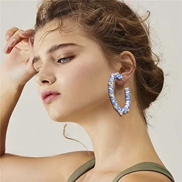 Rattan Earrings for Women Boho Statement Rhinestone Rattan Big Hoop Earrings Handmade Raffia Woven Straw Wicker Earrings Summer Beach Jewelry Gifts（Blue White）