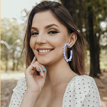 Rattan Earrings for Women Boho Statement Rhinestone Rattan Big Hoop Earrings Handmade Raffia Woven Straw Wicker Earrings Summer Beach Jewelry Gifts（Blue White）