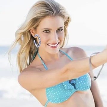 Rattan Earrings for Women Boho Statement Rhinestone Rattan Big Hoop Earrings Handmade Raffia Woven Straw Wicker Earrings Summer Beach Jewelry Gifts（Blue White）