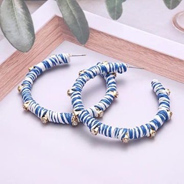 Rattan Earrings for Women Boho Statement Rhinestone Rattan Big Hoop Earrings Handmade Raffia Woven Straw Wicker Earrings Summer Beach Jewelry Gifts（Blue White）