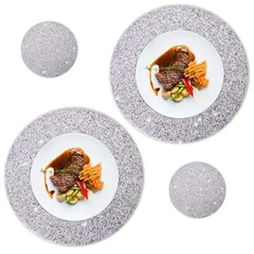 Silver Set of 6 Round Placemats Coasters Set Washable Heat Resistant Non-Slip Table Mats for Kitchen Dining Table Wedding Banquets Sparkle Decoration Rhinestones Placemats (15 Inches)