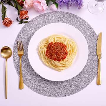 Silver Set of 6 Round Placemats Coasters Set Washable Heat Resistant Non-Slip Table Mats for Kitchen Dining Table Wedding Banquets Sparkle Decoration Rhinestones Placemats (15 Inches)
