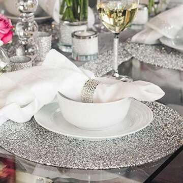 Silver Set of 6 Round Placemats Coasters Set Washable Heat Resistant Non-Slip Table Mats for Kitchen Dining Table Wedding Banquets Sparkle Decoration Rhinestones Placemats (15 Inches)