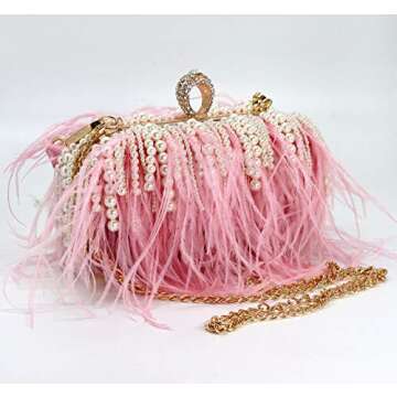 ZAKIA Clutches Ostrich Feather with Beads Pearls Bag for Women Wedding Cocktail Birthday Party Purse...