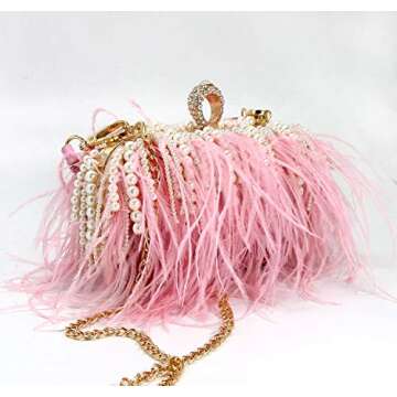 ZAKIA Clutches Ostrich Feather with Beads Pearls Bag for Women Wedding Cocktail Birthday Party Purse (X-Pink)