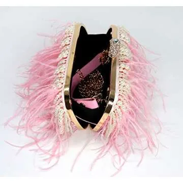 ZAKIA Clutches Ostrich Feather with Beads Pearls Bag for Women Wedding Cocktail Birthday Party Purse (X-Pink)