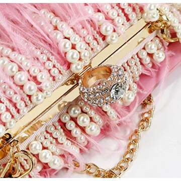 ZAKIA Clutches Ostrich Feather with Beads Pearls Bag for Women Wedding Cocktail Birthday Party Purse (X-Pink)
