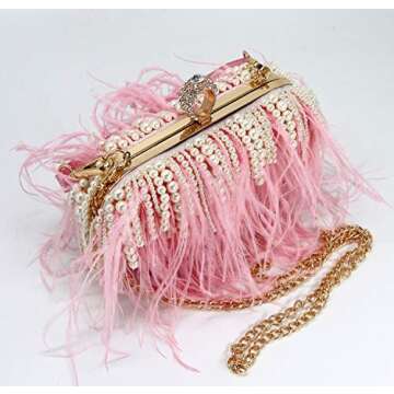 ZAKIA Clutches Ostrich Feather with Beads Pearls Bag for Women Wedding Cocktail Birthday Party Purse (X-Pink)