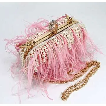 ZAKIA Clutches Ostrich Feather with Beads Pearls Bag for Women Wedding Cocktail Birthday Party Purse (X-Pink)