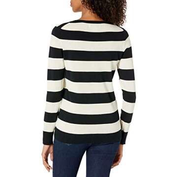 Amazon Essentials Women's Long-Sleeve Lightweight Crewneck Sweater (Available in Plus Size), Black Oatmeal Heather Rugby Stripe, Medium