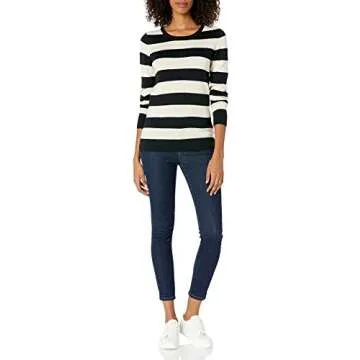 Amazon Essentials Women's Long-Sleeve Lightweight Crewneck Sweater (Available in Plus Size), Black Oatmeal Heather Rugby Stripe, Medium