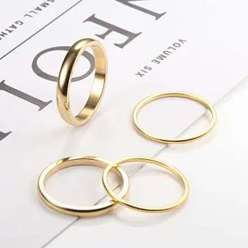 THUNARAZ 14K Gold Filled Rings Stacking Rings for Women Stackable Thin Gold Ring Plain Pinky Thumb Midi Statement Band Ring Comfort Fit 4Pcs 1mm 2mm 3mm 5mm