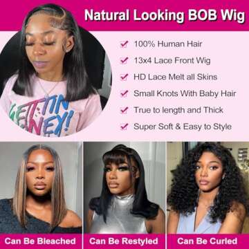 HUIWANYAN Bob Wig Human Hair 13x4 HD Lace Front Wig Glueless Wigs Human Hair Pre Plucked Short Bob Lace Front Wigs Human Hair For Black Women Nature Hairline 180% Density 14 Inch