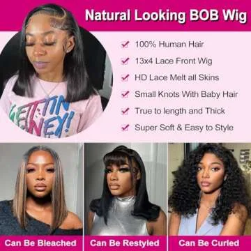 HUIWANYAN Bob Wig Human Hair 13x4 HD Lace Front Wig Glueless Wigs Human Hair Pre Plucked Short Bob Lace Front Wigs Human Hair For Black Women Nature Hairline 180% Density 14 Inch