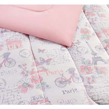 Mytex Home Fashions Parisian Petals Girls Bedding 8-Piece Comforter Set with 2 Sheet Sets Included, Flowers, Butterflies, Paris Theme, Extra Soft, Pink, Purple and Aqua, Twin