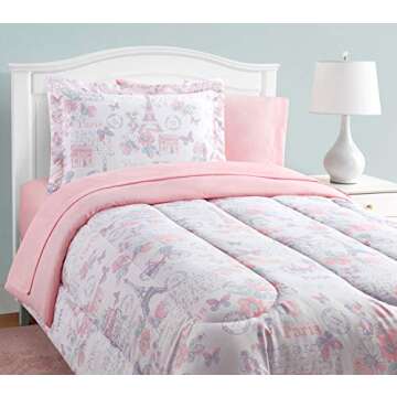 Mytex Home Fashions Parisian Petals Girls Bedding 8-Piece Comforter Set with 2 Sheet Sets Included, Flowers, Butterflies, Paris Theme, Extra Soft, Pink, Purple and Aqua, Twin