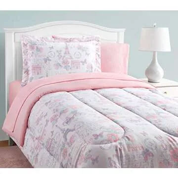 Mytex Home Fashions Parisian Petals Girls Bedding 8-Piece Comforter Set with 2 Sheet Sets Included, Flowers, Butterflies, Paris Theme, Extra Soft, Pink, Purple and Aqua, Twin
