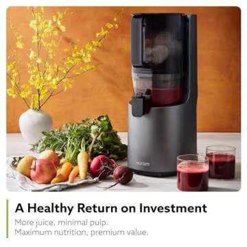 Hurom H-200 Electronic Slow Juicer Machine (Silver) - Self Feeding w Big Mouth Hopper to Fit Whole Fruits & Vegetables - Healthy Living - Easy Rinse Clean No Scrub BPA Free Easy Assembly
