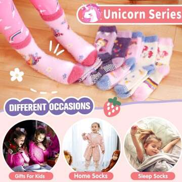 Toddler Kids Girls Fuzzy Socks Non Slip Grips Slipper Socks Anti Skid Crew Child Cute Animal Cartoon Fashion Unicorn Socks 6 Pairs Girls Gifts Stocking Stuffers(Unicorn,4-7 Years)
